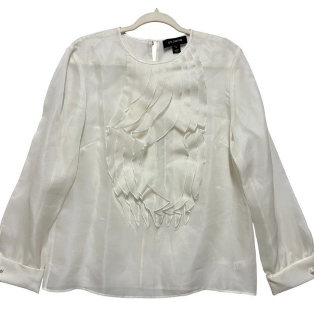 St. John Silk Blouse Womens 10 Ivory Ruffle Pleated Sheer Designer Long Sleeve